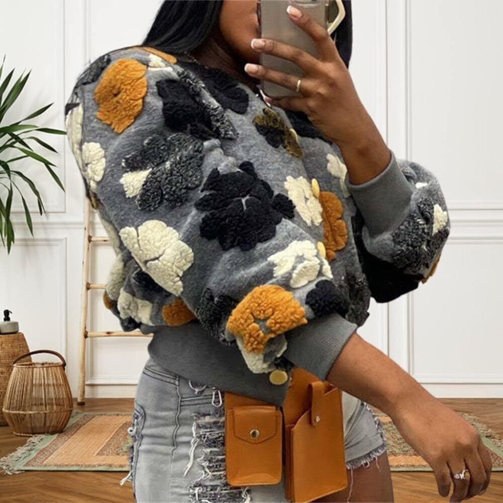 Women's Cropped Floral Print Fleece Bomber Jacket Casual Winter Outerwear - Picture 7 of 7